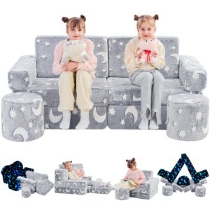 ifnow 14pcs modular kids play couch, kids sofa toddler couch, child sectional sofa, bedroom and playroom furniture for toddlers, convertible foam and floor cushion for boys and girls, blue glow, gray