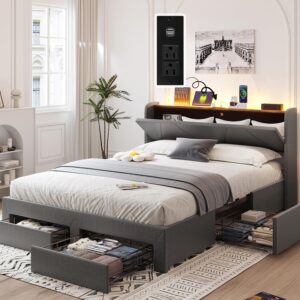 vowner queen bed frame with storage headboard & 4 drawers, led upholstered bed frame with charging station, wood slats support no box spring needed, dark grey