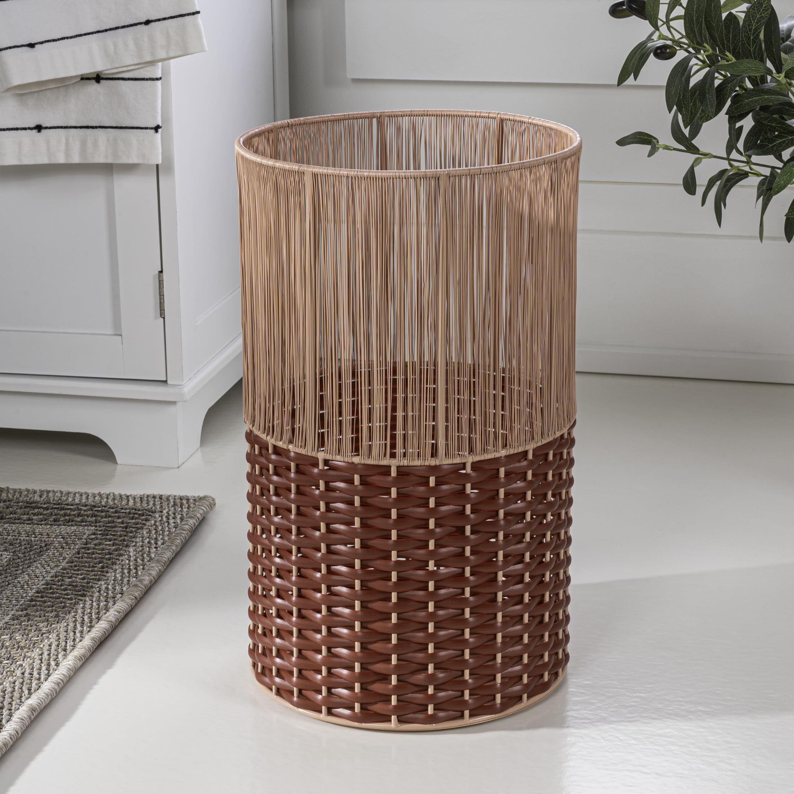 happimess HPM1101C Harper Modern 4.13-Gallon 2-Tone Faux Wicker Cylinder Waste Basket, Pink/Red for Home, Bathroom, Living Room, Office, Bedroom, Kitchen