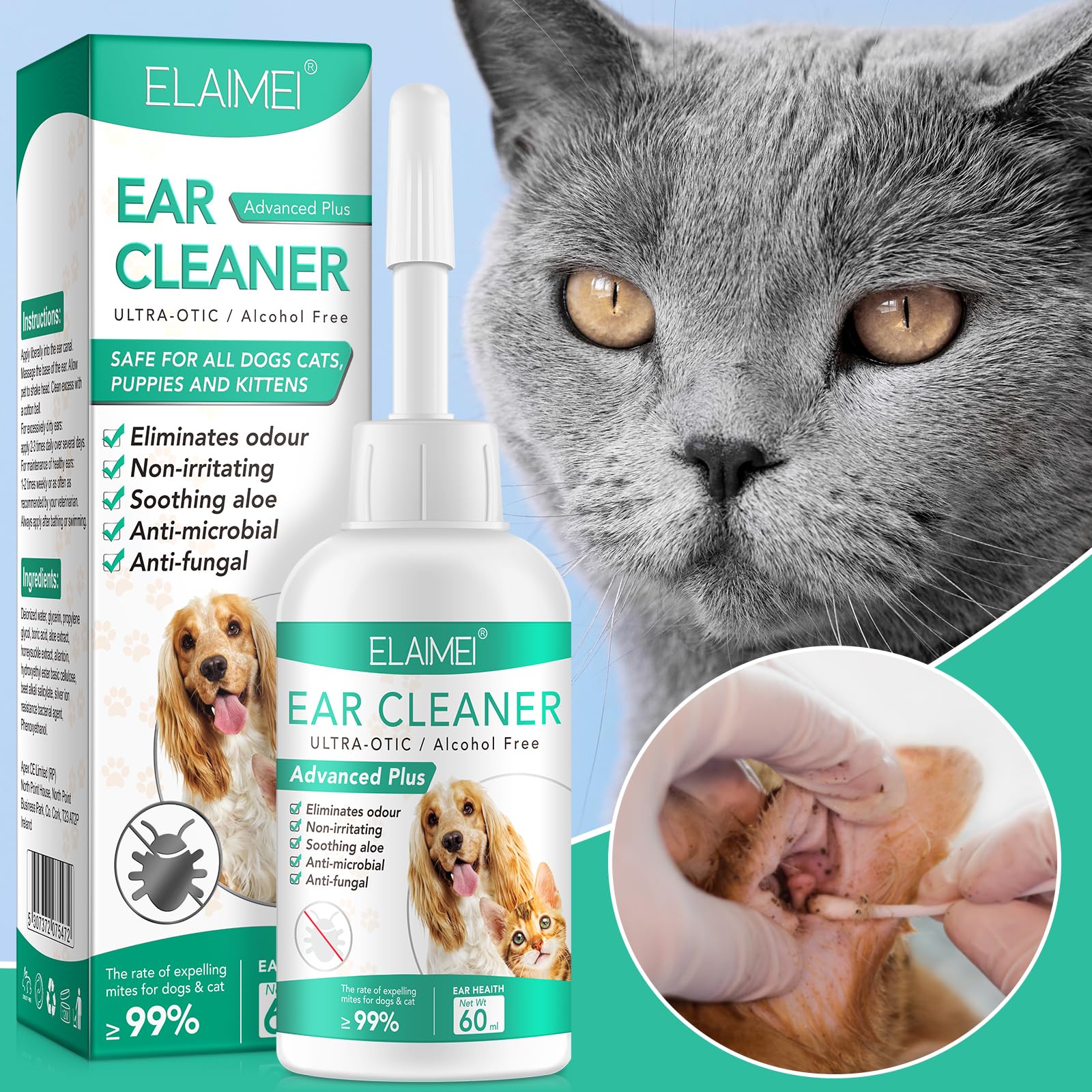 Dog Ear Cleaner, Dogs Ear Infection Treatment, Ear Wash Drops for Dogs Cats, Supports Soothes Infections Itching & Inflamed Ears, Natural Multi-Action Formula, Pet Ear Cleanser for All Dogs - 60ml