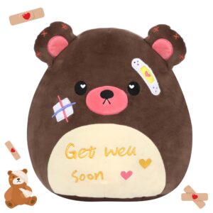 easfan get well soon stuffed bear plush pillow, feel better injured teddy cozy snuggle toy animal with adhesive bandage, adorable soft gifts for patients boys girls after surgery, brown, 13''