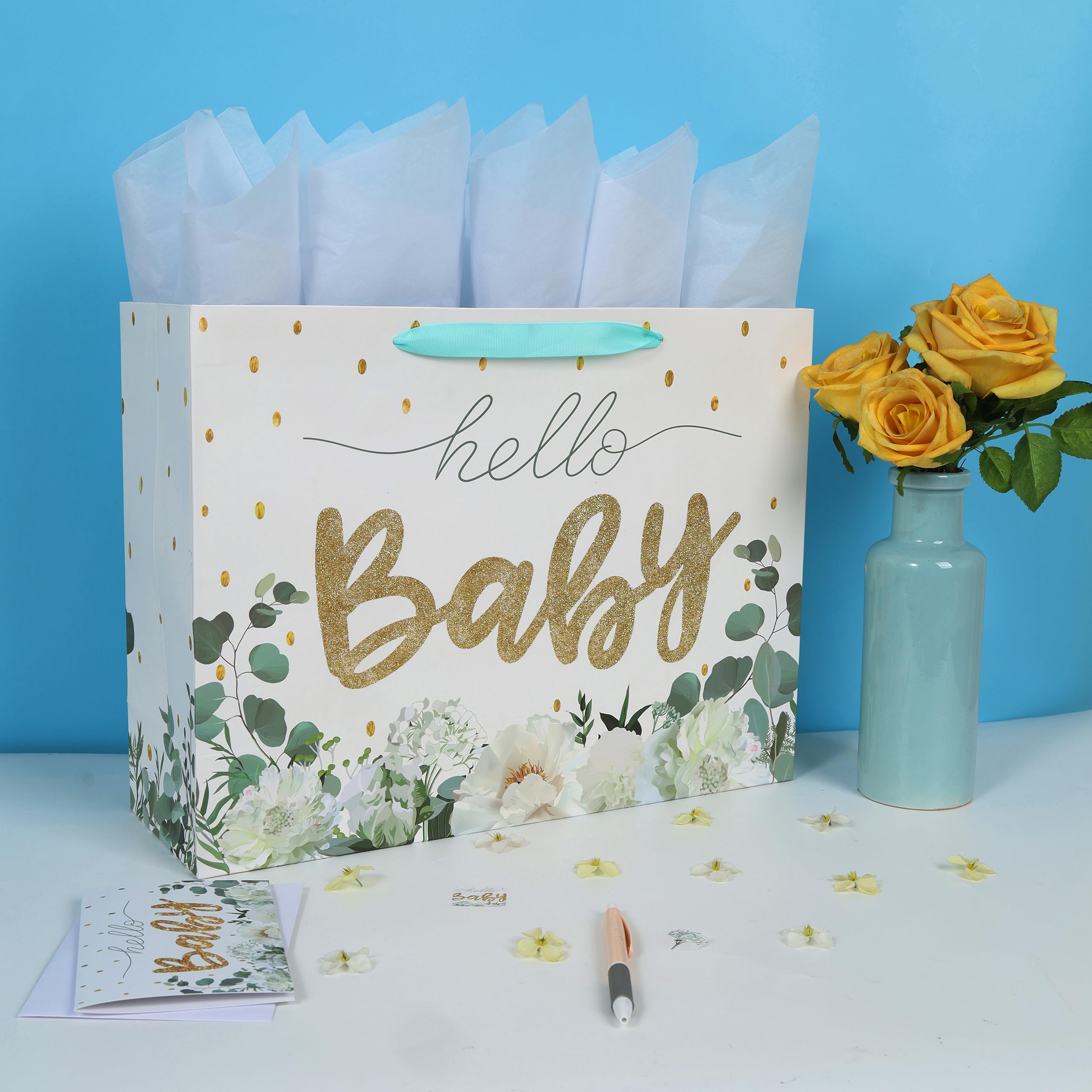 16.5" Extra Large White Gift Bag Set with Greeting Card and Tissue Papers (Gold Glitter ‘Baby’) for Baby Shower, Baby Girl or Boy, Girls' Birthday Party, Women's Birthday Parties - 16.5”x5.5”x12.6”, 1 Pcs.