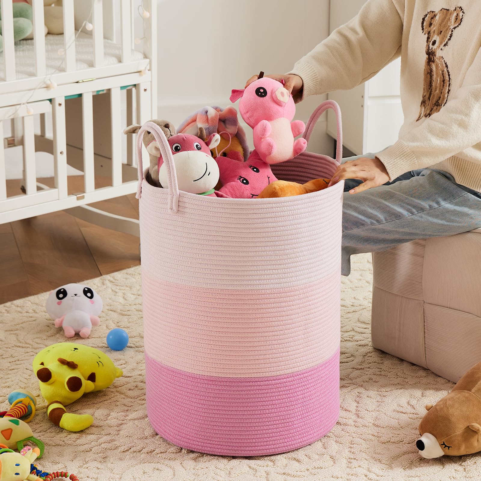 AIMDFWER Woven Rope Laundry Hamper, 72L Tall Cotton Storage Basket for Blanket, Large Boho Dirty Clothes Hamper Bin for Girls Kids Baby Nursery in Living Room - Pink