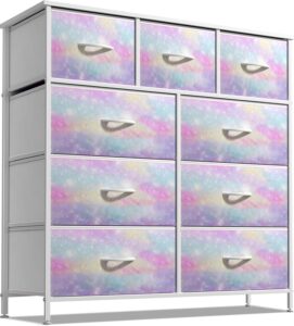 sorbus dresser with 9 drawers - furniture storage chest for kid’s, teens, bedroom, nursery, playroom, clothes, toys - steel frame, wood top, fabric bins (tie-dye)