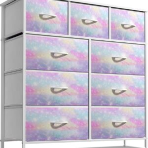 Sorbus Dresser with 9 Drawers - Furniture Storage Chest for Kid’s, Teens, Bedroom, Nursery, Playroom, Clothes, Toys - Steel Frame, Wood Top, Fabric Bins (Tie-dye)