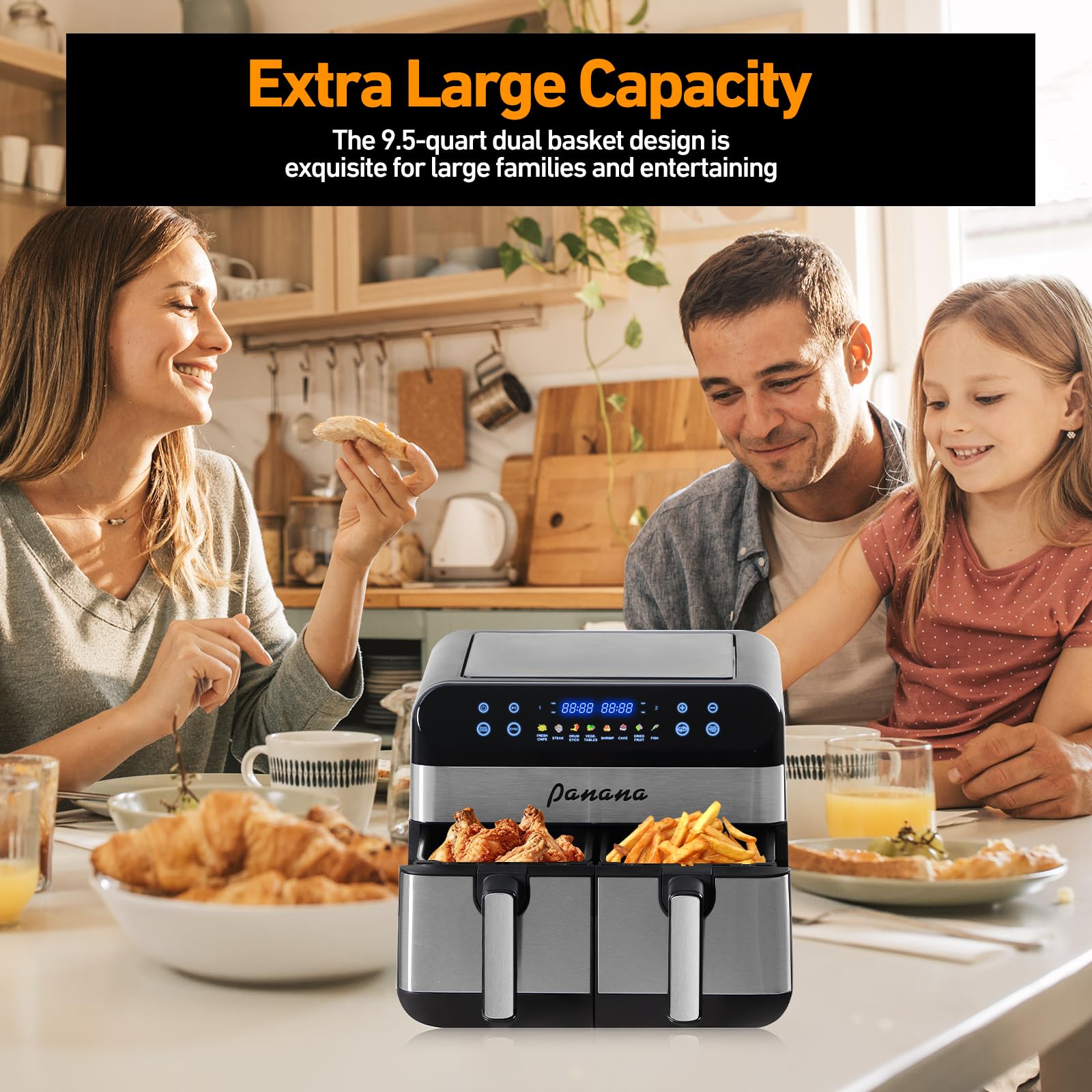 Panana XL 9.5 Quart 8 Preset Cooking Functions 2-Basket Air Fryer with 2 Frying Baskets, Match Cook & Smart Finish to Bake, Roast, Reheat, Broil, Dehydrate & More for Quick, Easy Meals