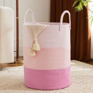 aimdfwer woven rope laundry hamper, 72l tall cotton storage basket for blanket, large boho dirty clothes hamper bin for girls kids baby nursery in living room - pink