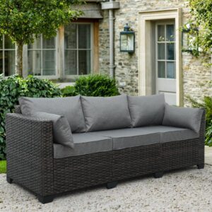 3-Seat Patio PE Wicker Couch Furniture Outdoor Brown Rattan Sofa with Washable Cushions(Grey)