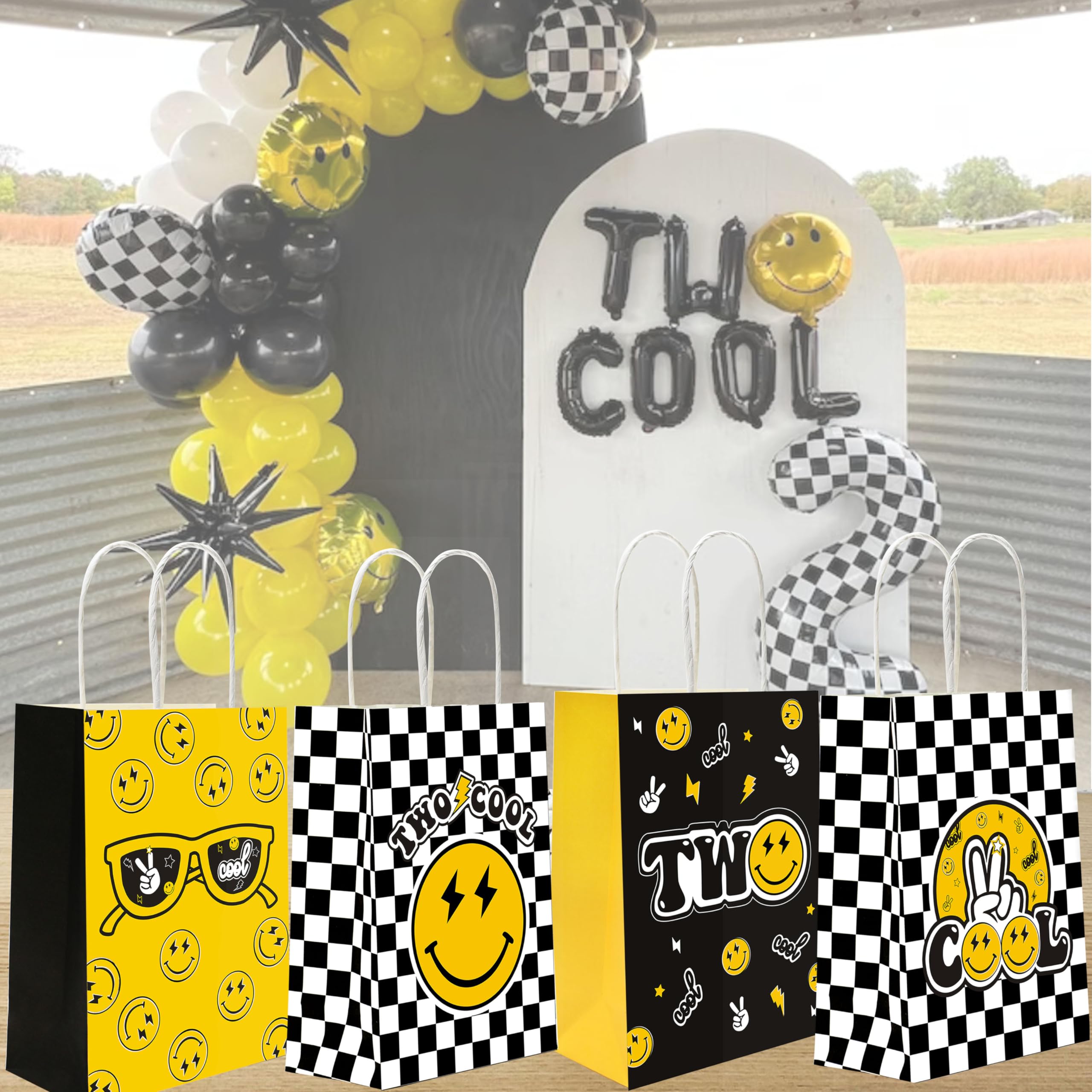 WCOSAM Two Cool Dude Smile-Themed Party Favor Gift Bags, Two Cool Second Birthday Party Goodie Paper Bags for Yellow Black Lightening Checkered Theme Party Decor (16 PCS)