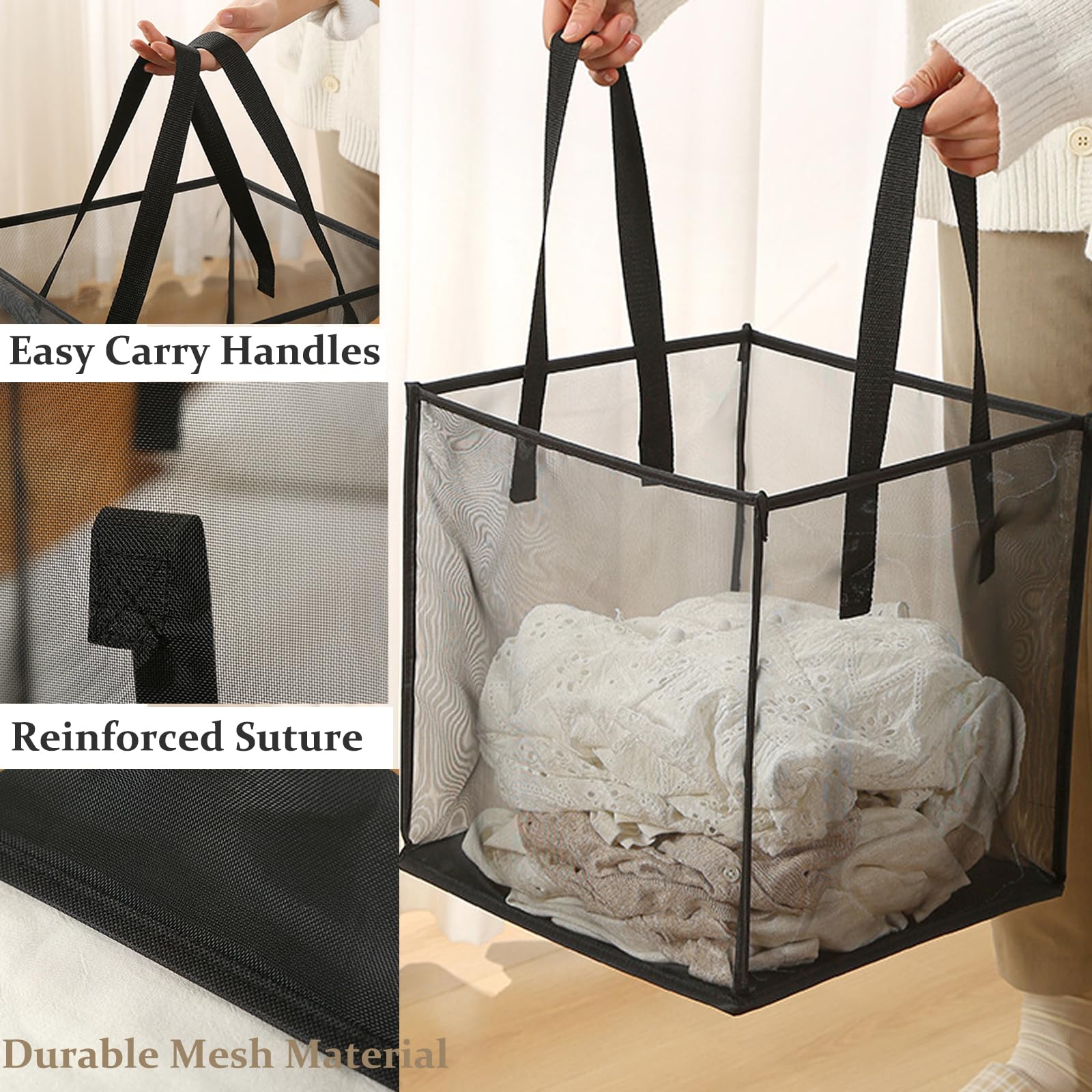 2 Pack Popup Laundry Hamper, Collapsible Mesh Laundry Baskets with Handles, Foldable Clothes Storage Hamper, Easy to Open, Portable for Laundry Storage, Kids Toy, Bathroom, Dorm or Travel, Black