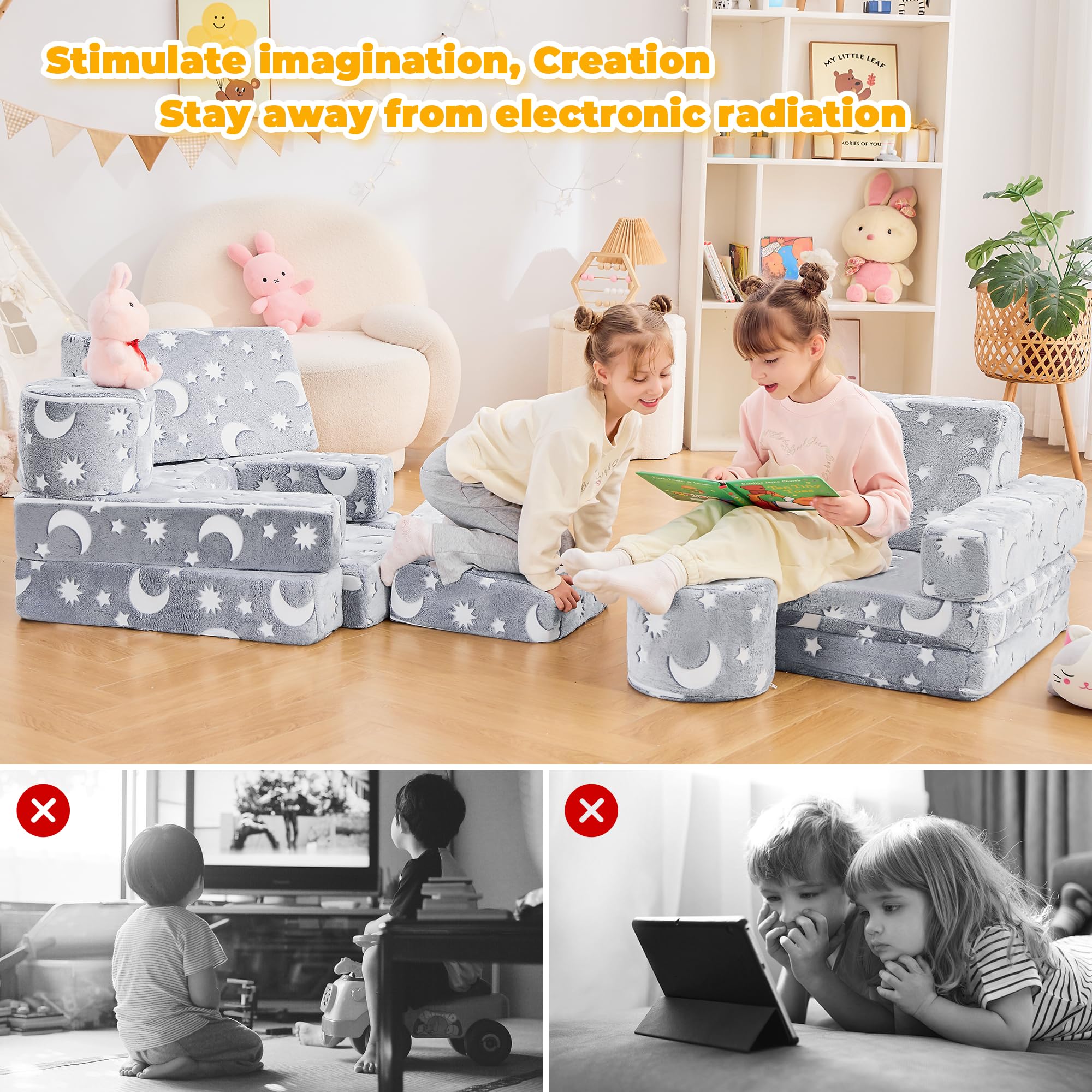 IFNOW 14pcs Modular Kids Play Couch, Kids Sofa Toddler Couch, Child Sectional Sofa, Bedroom and Playroom Furniture for Toddlers, Convertible Foam and Floor Cushion for Boys and Girls, Blue Glow, Gray