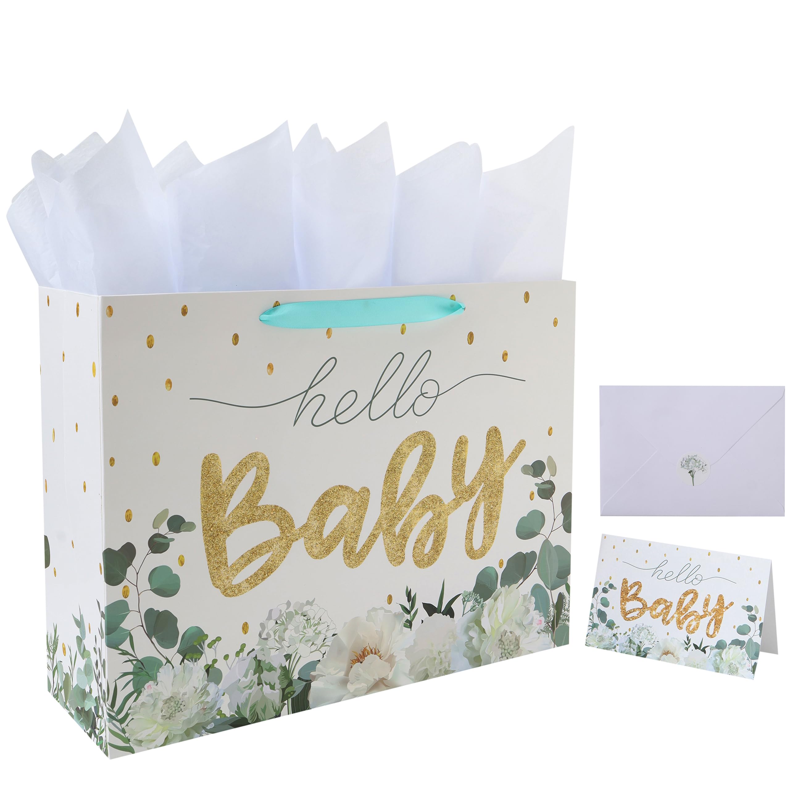 16.5" Extra Large White Gift Bag Set with Greeting Card and Tissue Papers (Gold Glitter ‘Baby’) for Baby Shower, Baby Girl or Boy, Girls' Birthday Party, Women's Birthday Parties - 16.5”x5.5”x12.6”, 1 Pcs.