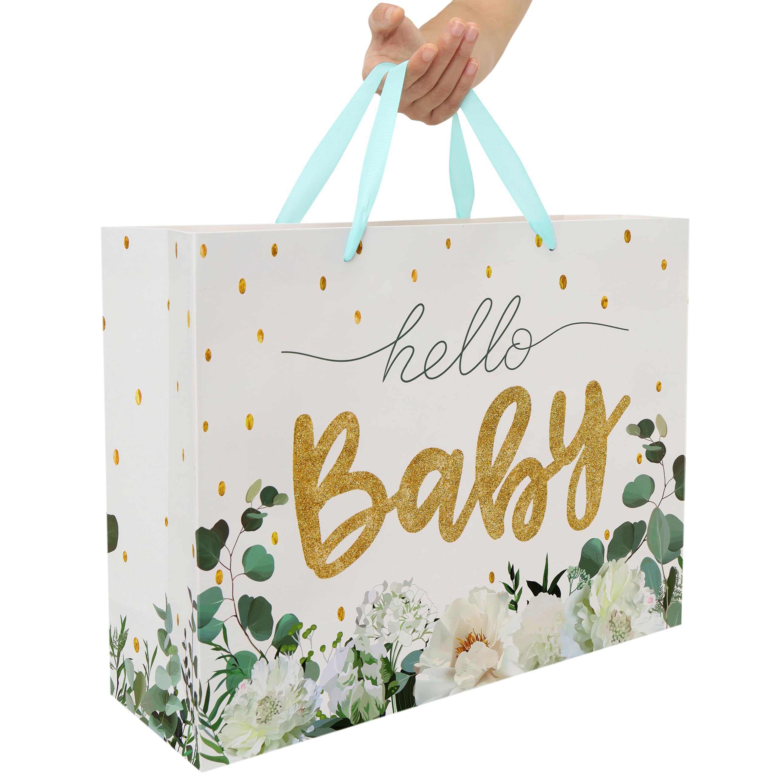 16.5" Extra Large White Gift Bag Set with Greeting Card and Tissue Papers (Gold Glitter ‘Baby’) for Baby Shower, Baby Girl or Boy, Girls' Birthday Party, Women's Birthday Parties - 16.5”x5.5”x12.6”, 1 Pcs.