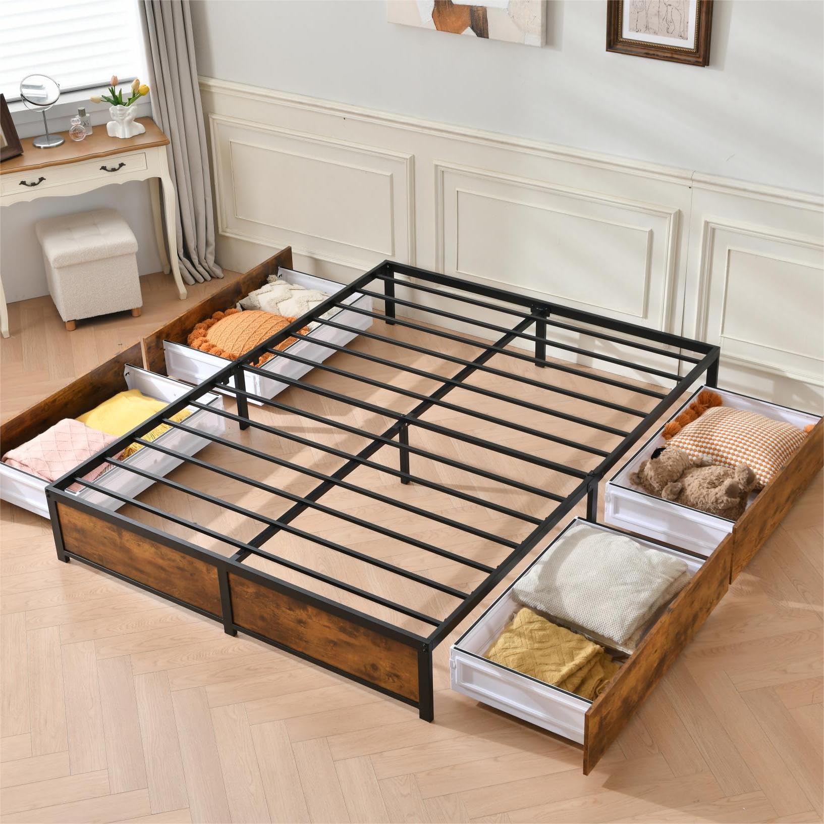 HCZCZX Queen Size Metal Bed Frame with Storage Drawers, no Box Spring Required, Easy to Assemble and noiseless (Queen)