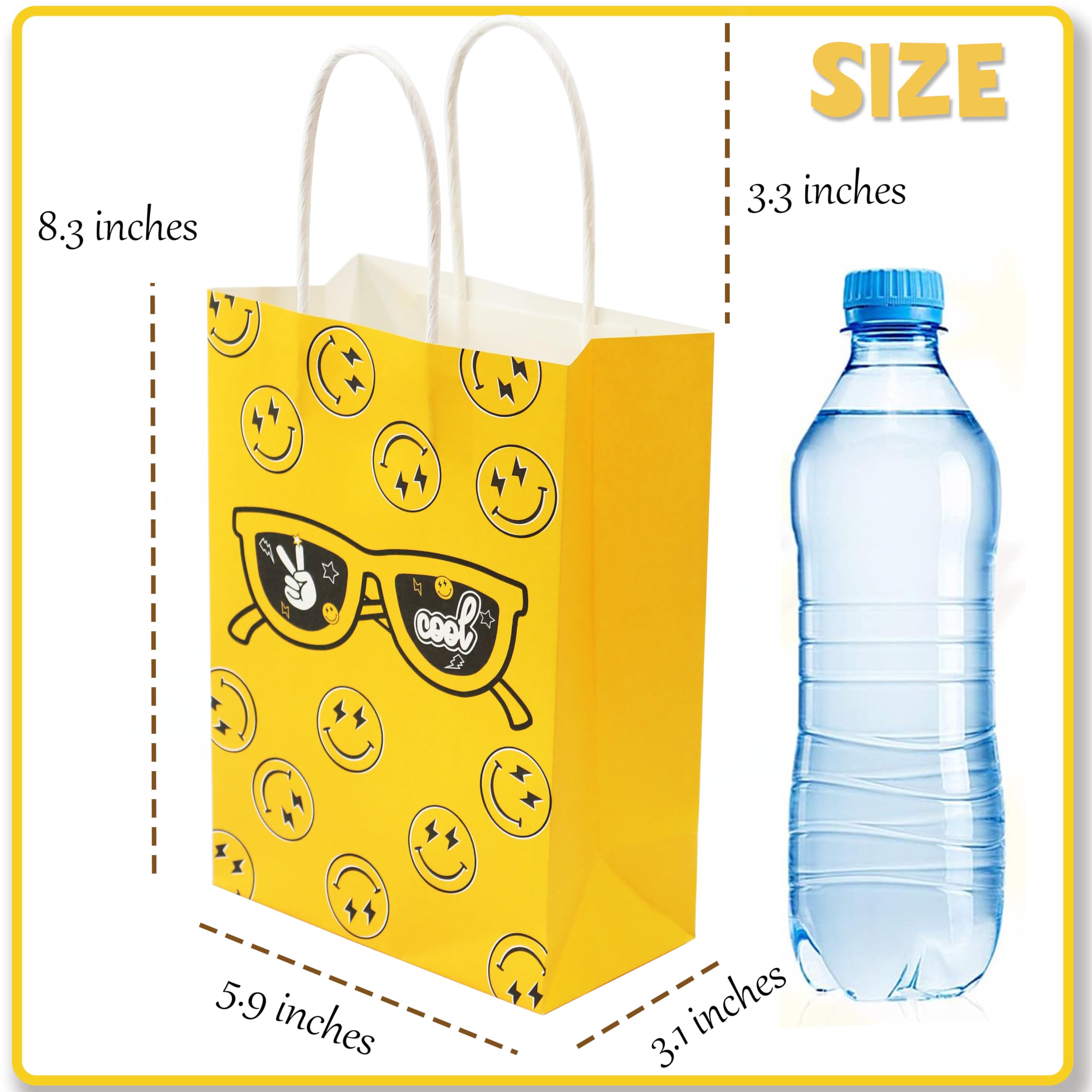 WCOSAM Two Cool Dude Smile-Themed Party Favor Gift Bags, Two Cool Second Birthday Party Goodie Paper Bags for Yellow Black Lightening Checkered Theme Party Decor (16 PCS)