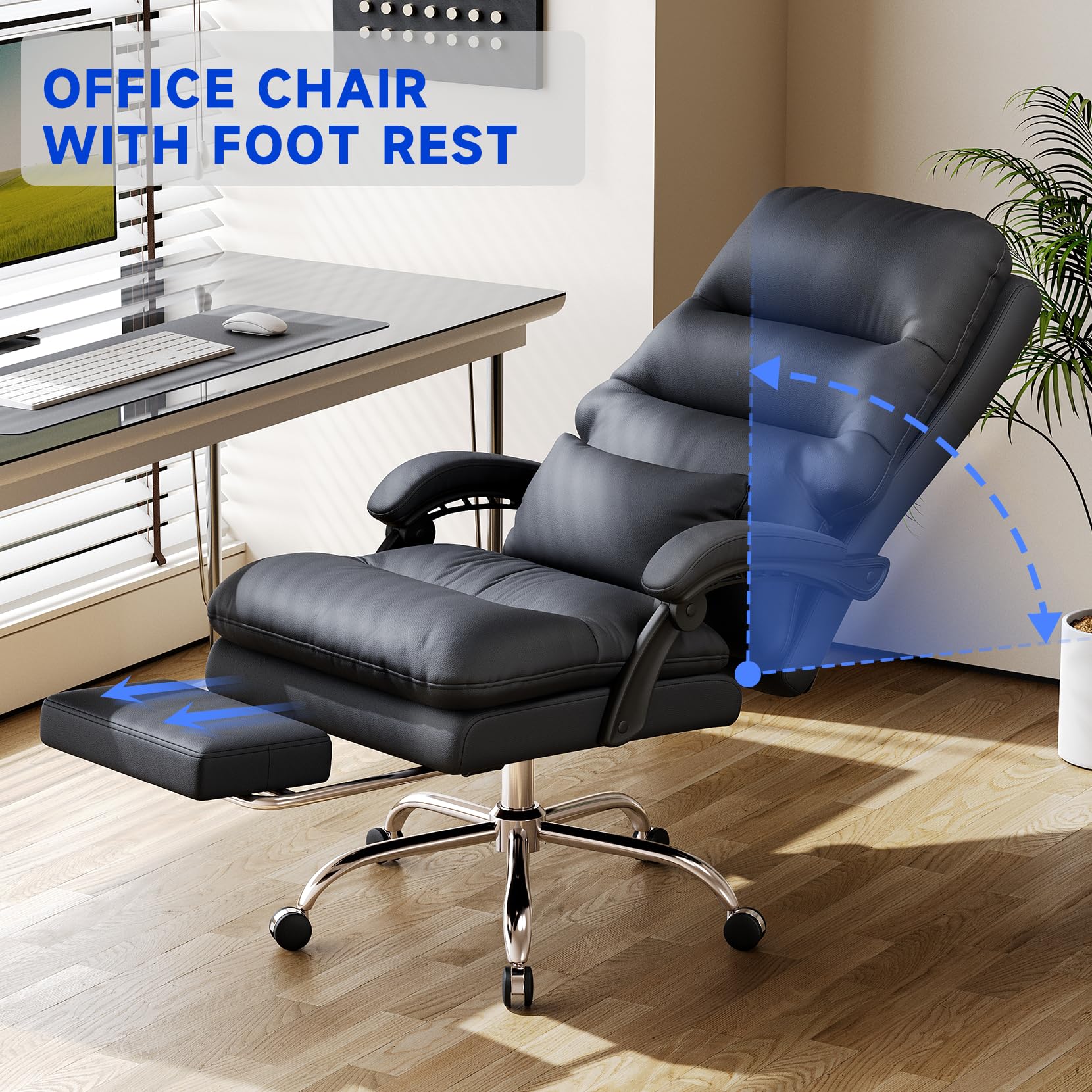 Ylzyxal Office Chair, Big and Tall Office Desk Chair, Ergonomic Office Chair, 400LBS PU Leather Computer Chairs, Executive Office Chair with Foot Rest and Lumbar Pillow, Home Office Chair (Black)