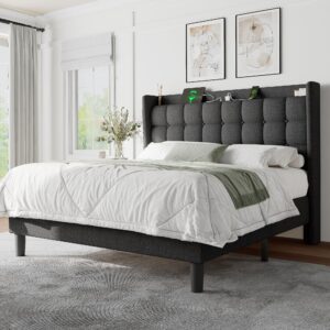 Feonase Queen Bed Frame with Charging Station, Upholstered Platform Bed Frame with Wingback Storage Headboard, No Box Spring Needed, Easy Assembly, Dark Grey