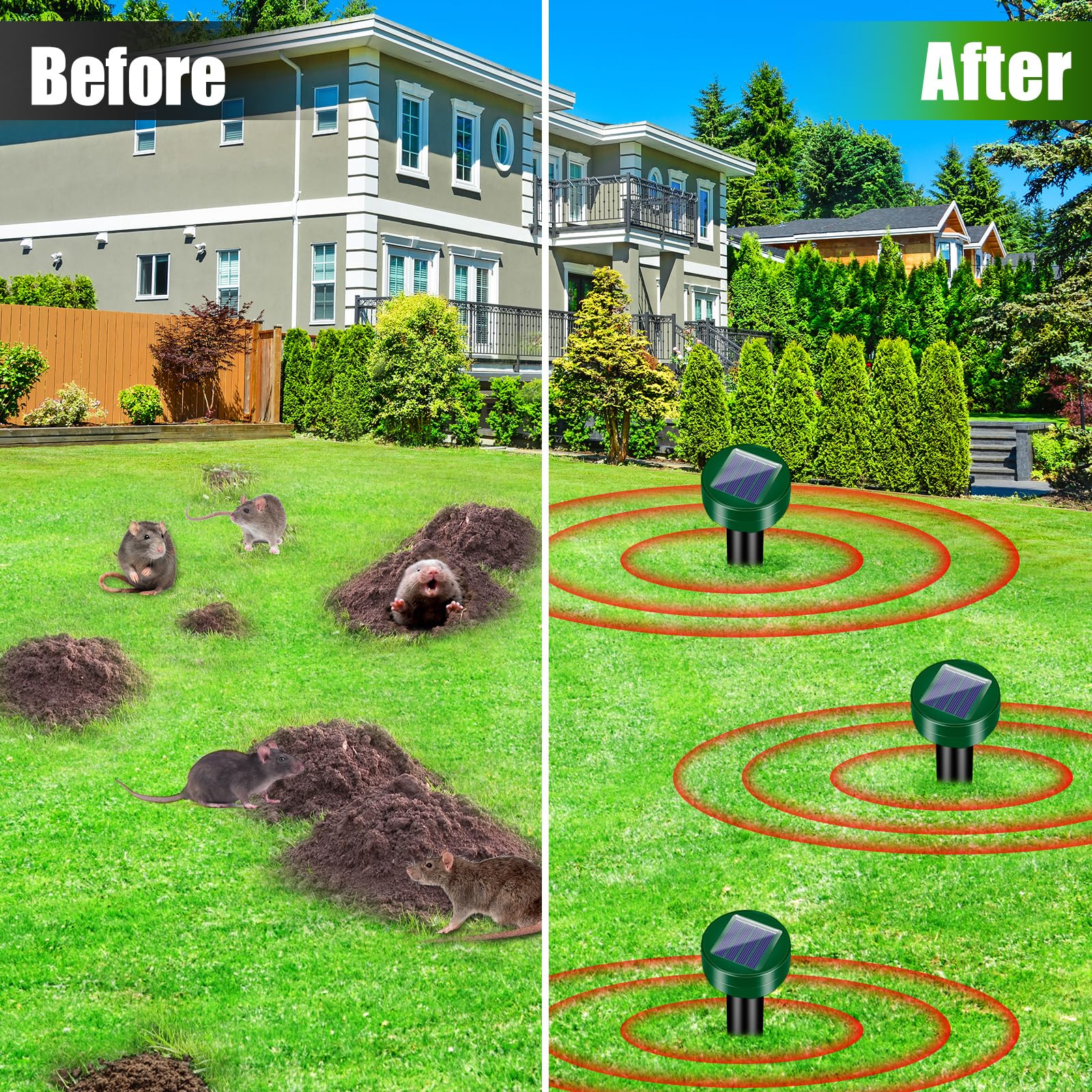 8 Pcs Solar Mole Repellent Spikes 2024 Ultrasonic Animal Repellent Outdoor Waterproof Solar Sonic Burrowing Mole Deterrent Stake to Repel Groundhog Mole Vole Armadillo Gopher Snake for Yard Lawn