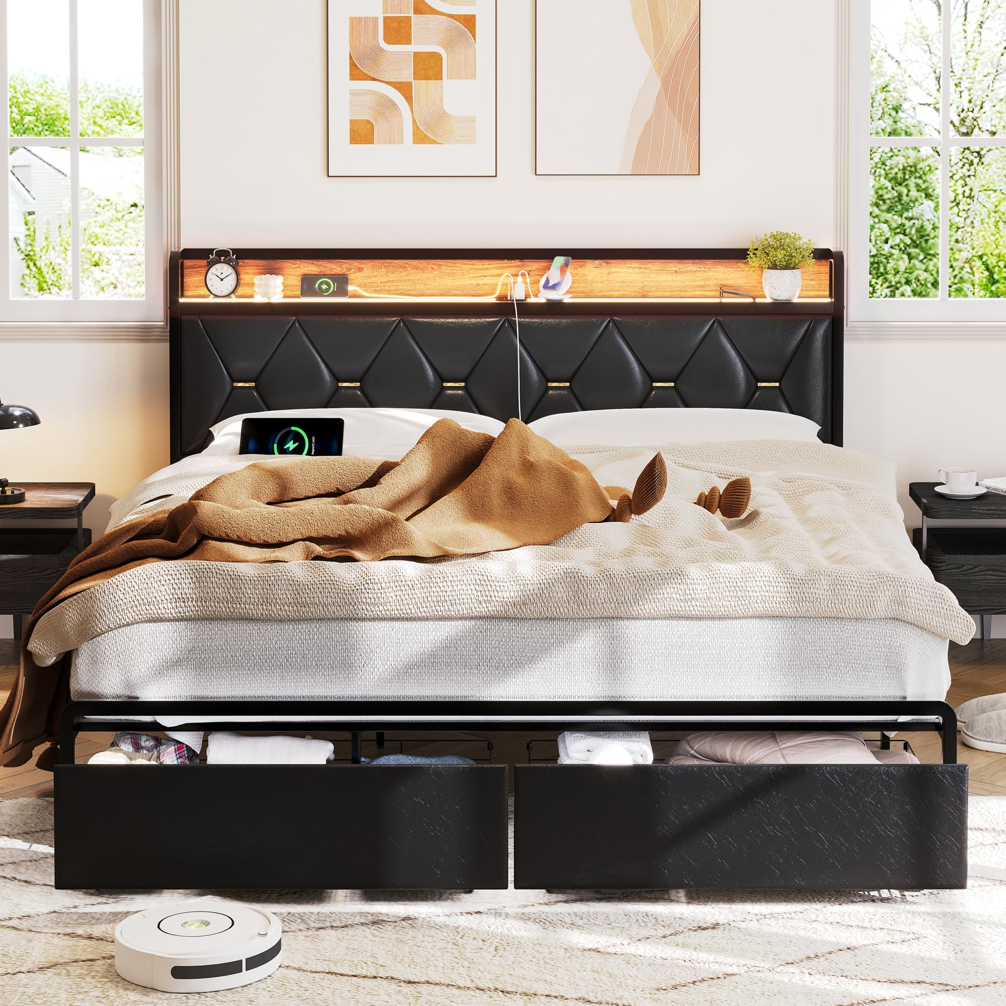 Ailisite Queen Size Bed Frame with Headboard and Storage Drawers, Upholstered Black Platform Bed Frame with Storage Typ-C Charging Port,LED Queen Bed Frame with Headboard,Heavy Duty,No Box Spring Need