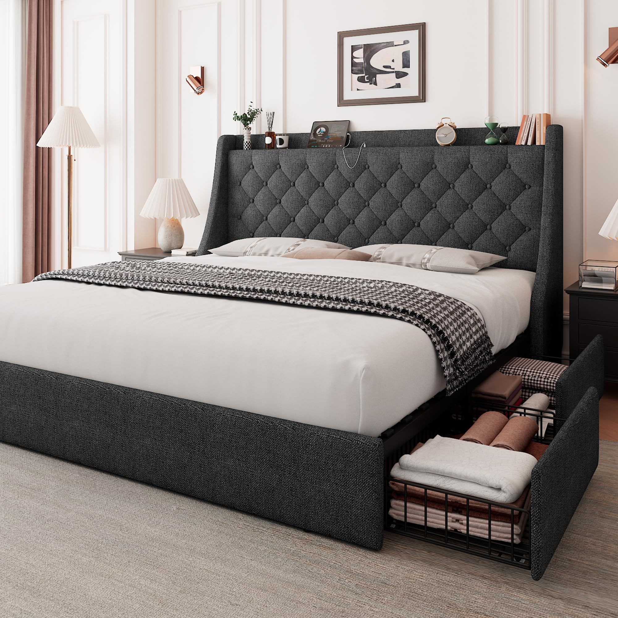 Feonase Queen Bed Frame with 4 Storage Drawers, Upholstered Storage Bed with Charging Station, Tufted Wingback Storage Headboard, No Box Spring Needed, Dark Grey