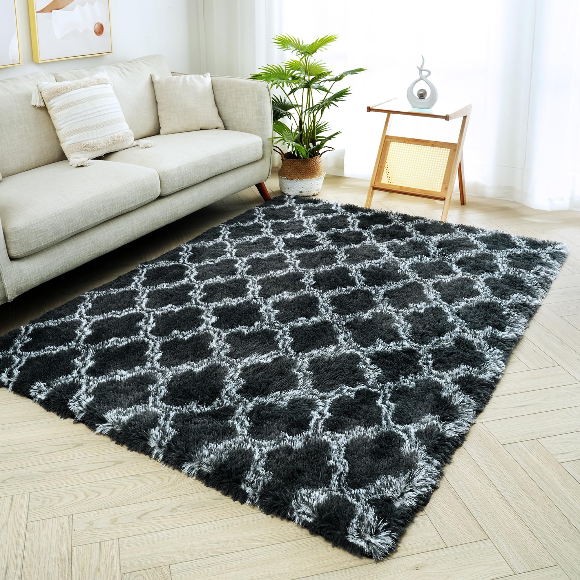 TANJOMAND Area Rug 6x9 Feet High Pile Boho Area Rug Thickened Non-Slip Backing Shaggy Fluffy Rugs for Indoor Floor Carpet for Bedroom Living Room Dorm Office Kids Dark Black