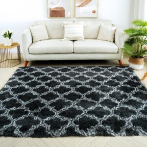 TANJOMAND Area Rug 6x9 Feet High Pile Boho Area Rug Thickened Non-Slip Backing Shaggy Fluffy Rugs for Indoor Floor Carpet for Bedroom Living Room Dorm Office Kids Dark Black