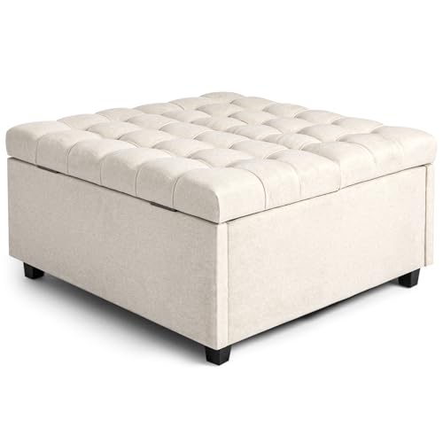 CangLong 31.5" Wide Square Storage Ottoman Bench, Upholstered Tufted Linen Footrest, Coffee Table with Storage for Living Room & Bedroom, Beige