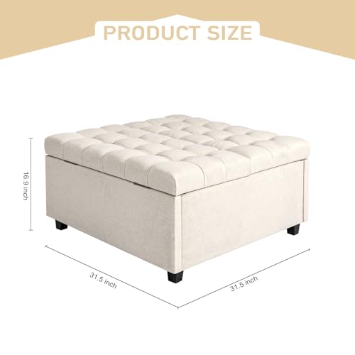 CangLong 31.5" Wide Square Storage Ottoman Bench, Upholstered Tufted Linen Footrest, Coffee Table with Storage for Living Room & Bedroom, Beige