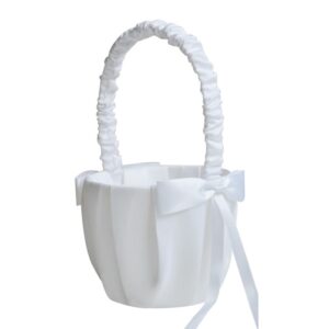 qrzlp wedding flower girl baskets, small white satin bowknot flower baskets with handle minimalist bride flower basket for weddings.