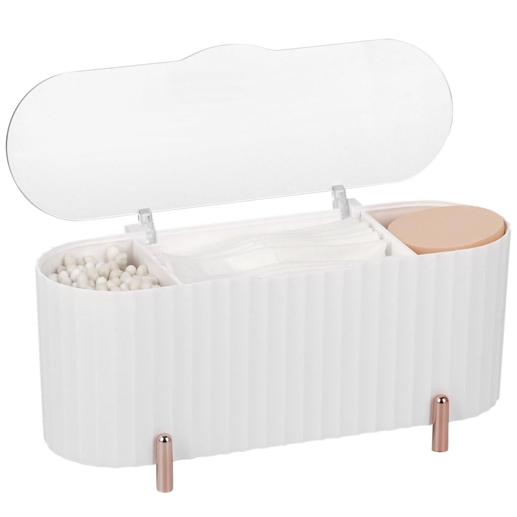 3-Slot Dressing Table Cosmetic Organizer, Clear Lid Countertop Cotton Swab Dispenser, Bathroom Vanity Cosmetic Cotton Pad Storage Box