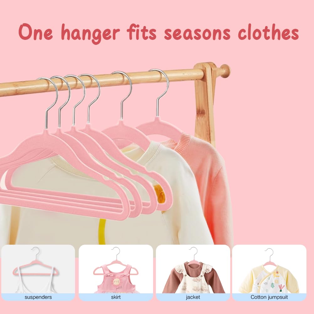 Stormix Kids Hangers 32 Pack, Kids Clothes Hangers Non-Slip, Children Velvet Hangers with Shoulder Notches for Closet Pink