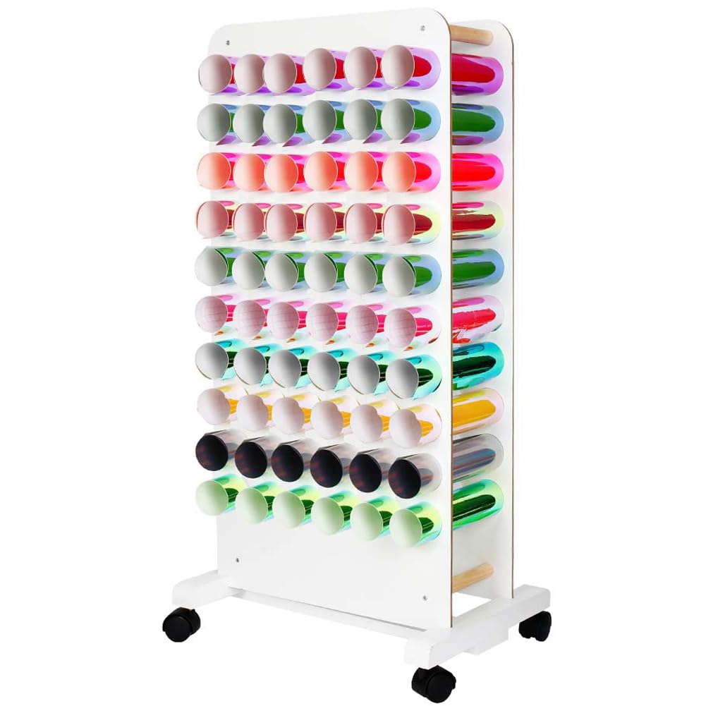 Vinyl Roll Holder Storage Rack: Mobile Vinyl Storage Rack Cart with Wheels 36 Compartments Wooden Vinyl Storage Organizer for Craft Room