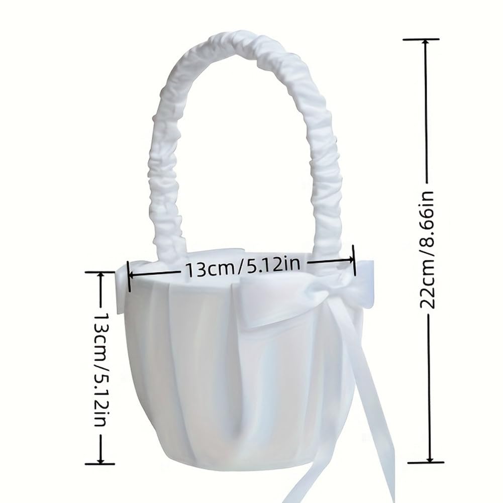 QRZLP Wedding Flower Girl Baskets, Small White Satin Bowknot Flower Baskets with Handle Minimalist Bride Flower Basket for Weddings.