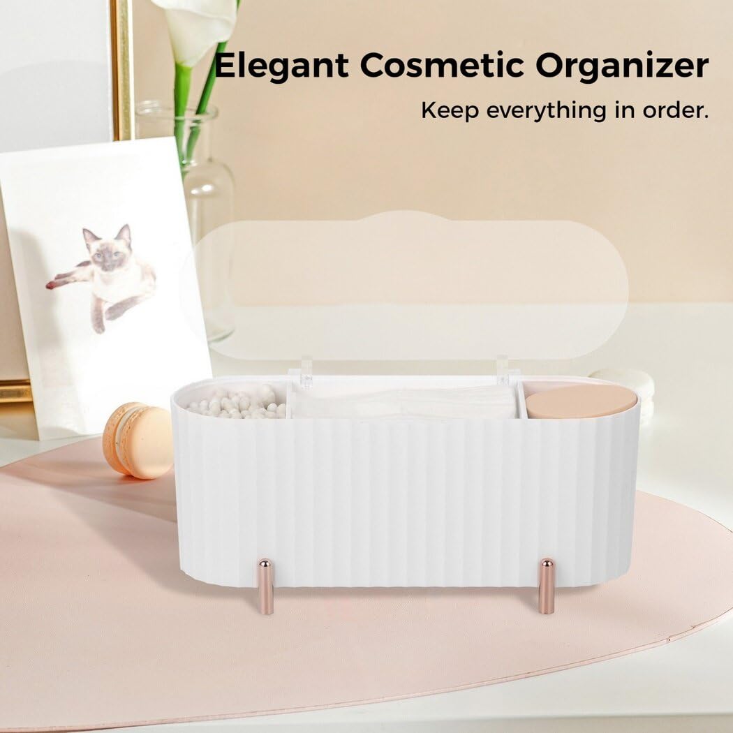 3-Slot Dressing Table Cosmetic Organizer, Clear Lid Countertop Cotton Swab Dispenser, Bathroom Vanity Cosmetic Cotton Pad Storage Box