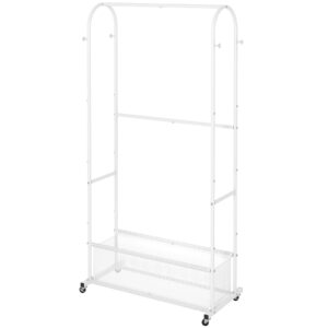 MOYIPIN Double Rods Clothing Rack with Wheels,Clothing Rack for Hanging Clothes Coat Scarves Bags,Multi-functional Bedroom Garment Rack,4 Hooks,White