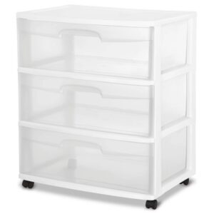 atprd plastic storage drawer cart, medium home organization storage container with 3 large clear drawers with wheels (white)