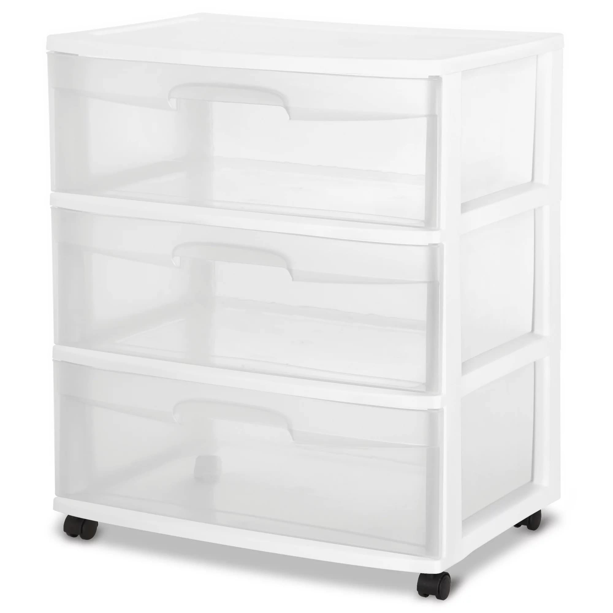 AtPRd Plastic Storage Drawer Cart, Medium Home Organization Storage Container with 3 Large Clear Drawers With Wheels (White)