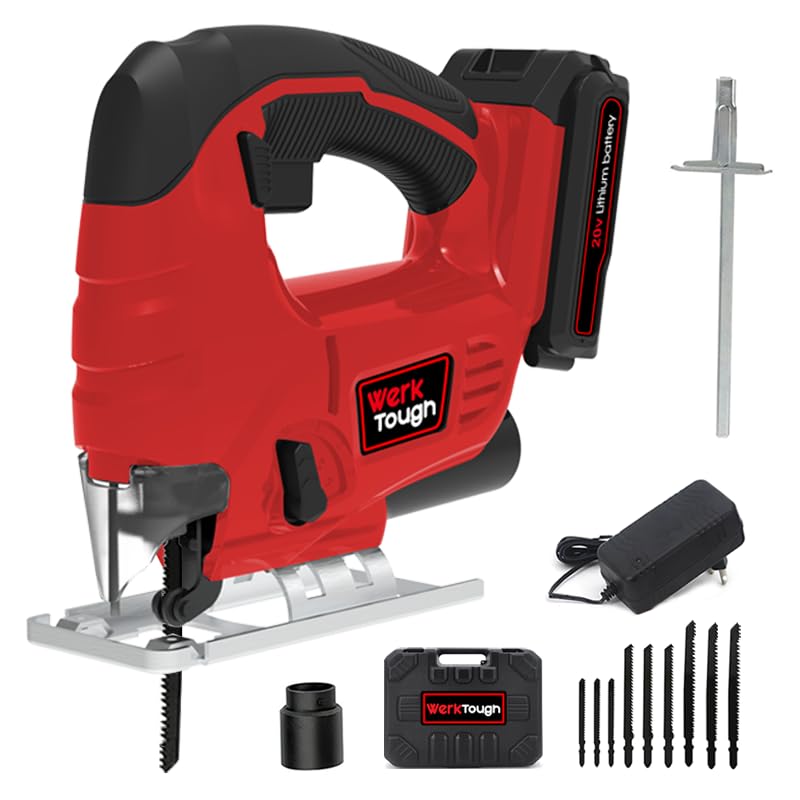 Powertough Cordless Jig Saw,20V Electric Jigsaw Tool Kit with Variable Speed,Pendulum Function, 0-45°Adjustable Cutting Bevel,2.0A Li-ion Battery With 1 Hour Fast Charger,9pcs Free Blade