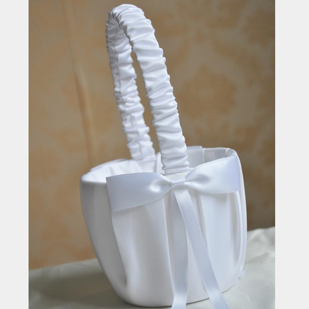 QRZLP Wedding Flower Girl Baskets, Small White Satin Bowknot Flower Baskets with Handle Minimalist Bride Flower Basket for Weddings.