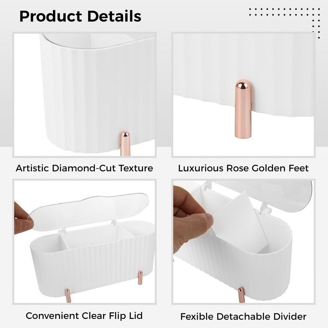 3-Slot Dressing Table Cosmetic Organizer, Clear Lid Countertop Cotton Swab Dispenser, Bathroom Vanity Cosmetic Cotton Pad Storage Box