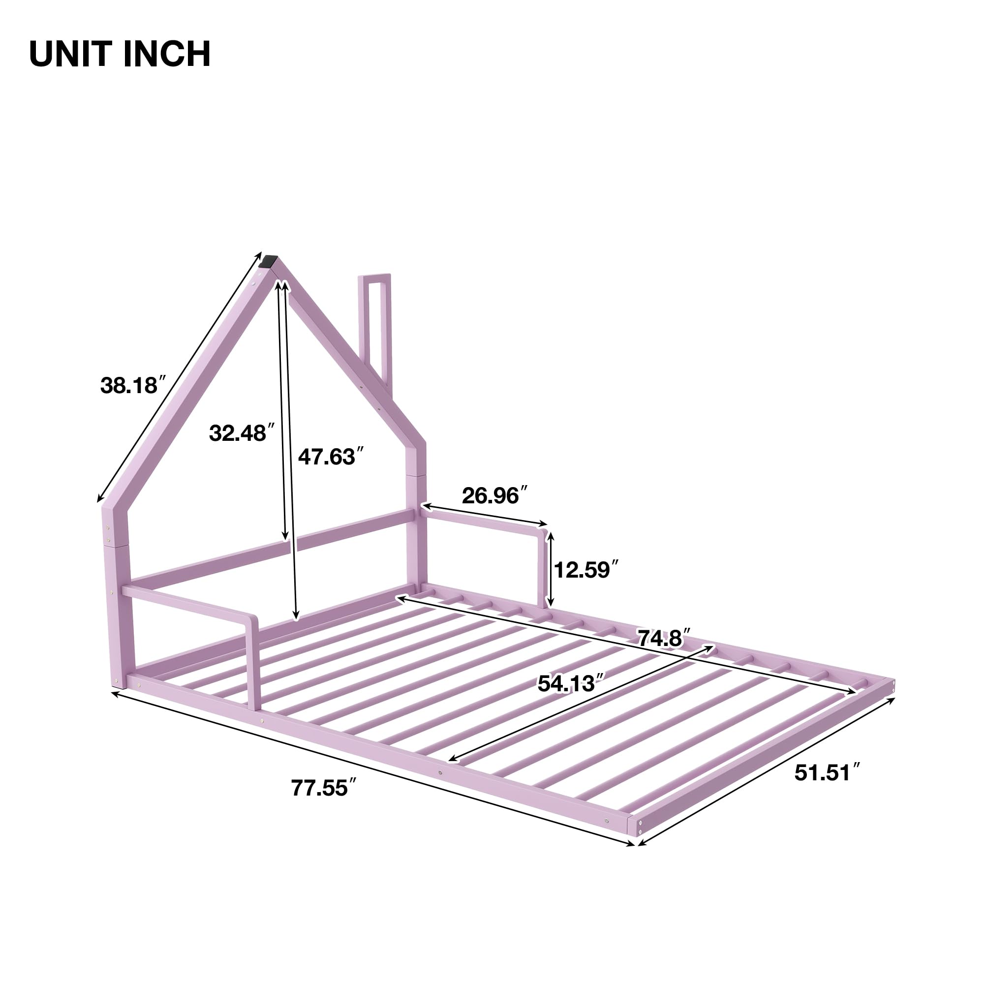 Kamsly FAVSH Full Size Metal Floor Bed with Chimney House-Shaped Headboard,Solid Wood Structure Bedroom Bed Frame W/Handrail,Easy Assembly,for Kids,Boys,Girls,Pink