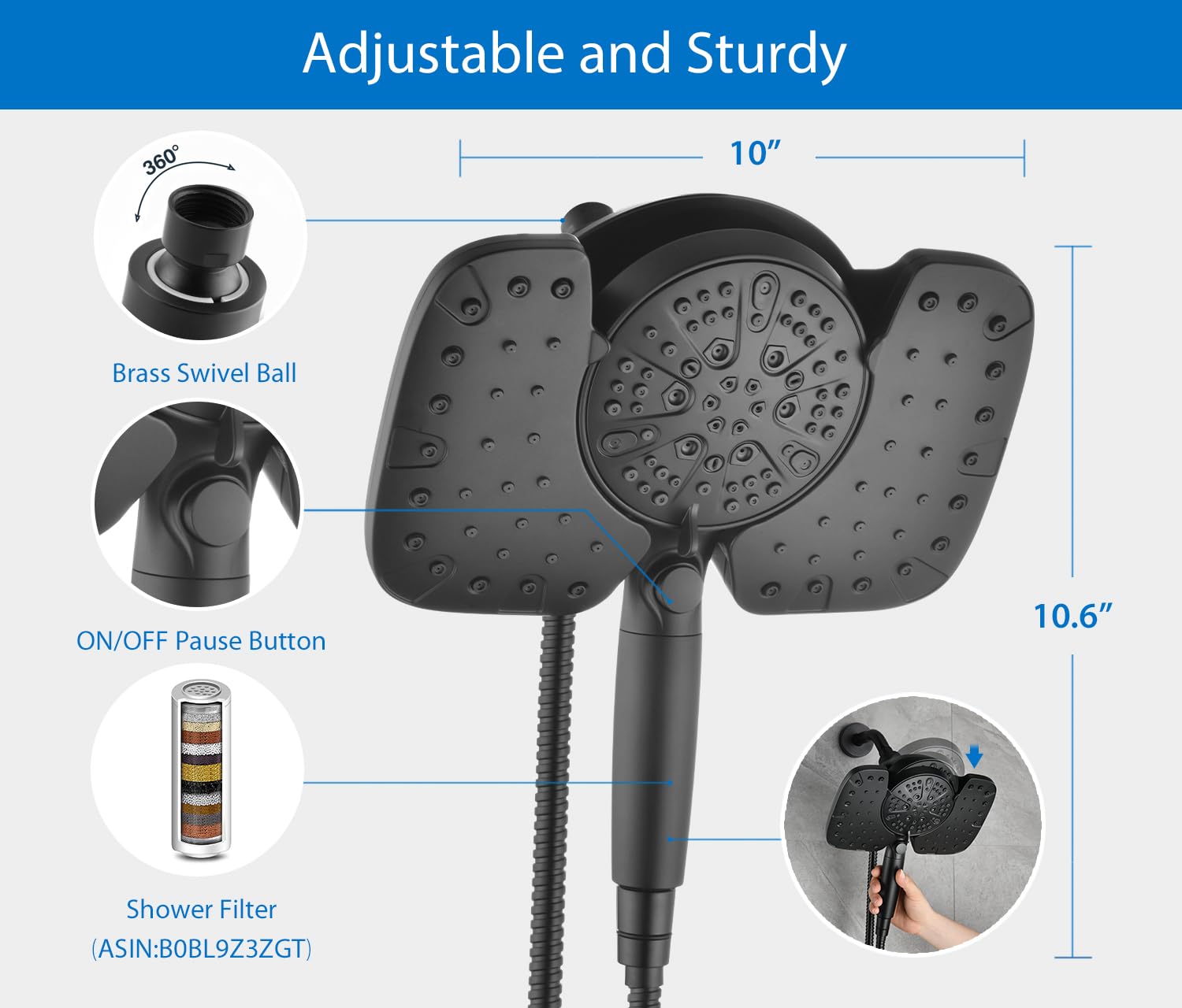 INAVAMZ Black Shower Heads with Handheld Spray Combo 2.5GPM: 10” Rainfall Shower Head & Detachable Shower Head, 10 Spray Settings Handheld Shower Head with ON/OFF Switch and 15-Stage Filter