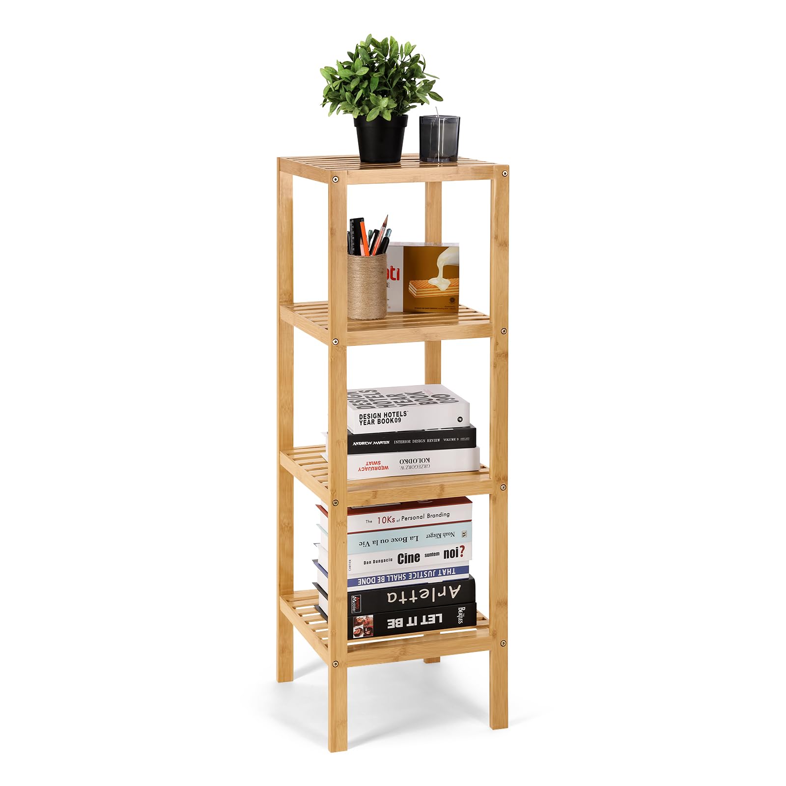 OUTREE 4-Tier Bamboo Shelf, Bamboo Bookshelf, Freestanding Storage Stand, Bathroom Storage Organizer for Living Room, Bedroom, Office, Bathroom, Study Room, Easy Assembly