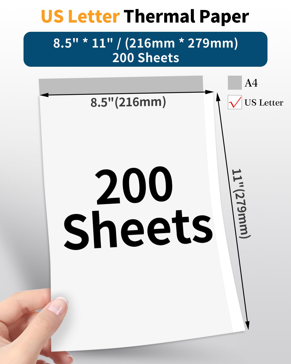 US Letter Thermal Paper - 8.5” x 11” Quick-Dry Letter Paper, Compatible with Phomemo M08F-Letter M832 M831 M833 M834 M835 Q301 Q302 & Brother-Letter Thermal Printer for Documents Contracts, 200 Sheets