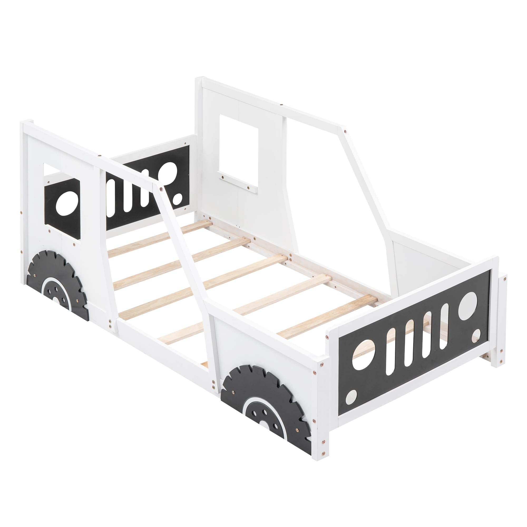 Jigichu Twin Size Classic Car-Shaped Platform Bed with Wheels for Boys Car Bed Frames for Kids 77.4''L*41.7''W*32''H (White, Twin)