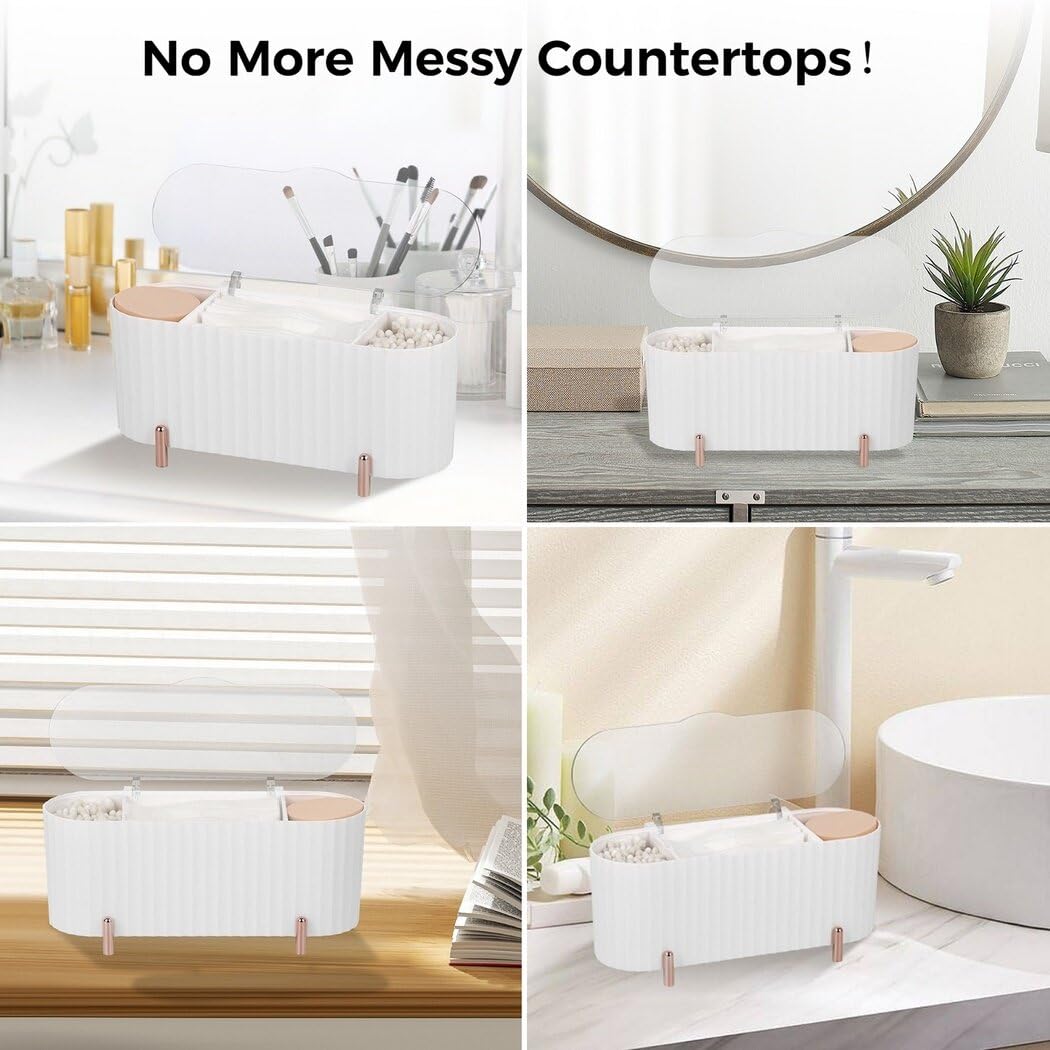 3-Slot Dressing Table Cosmetic Organizer, Clear Lid Countertop Cotton Swab Dispenser, Bathroom Vanity Cosmetic Cotton Pad Storage Box