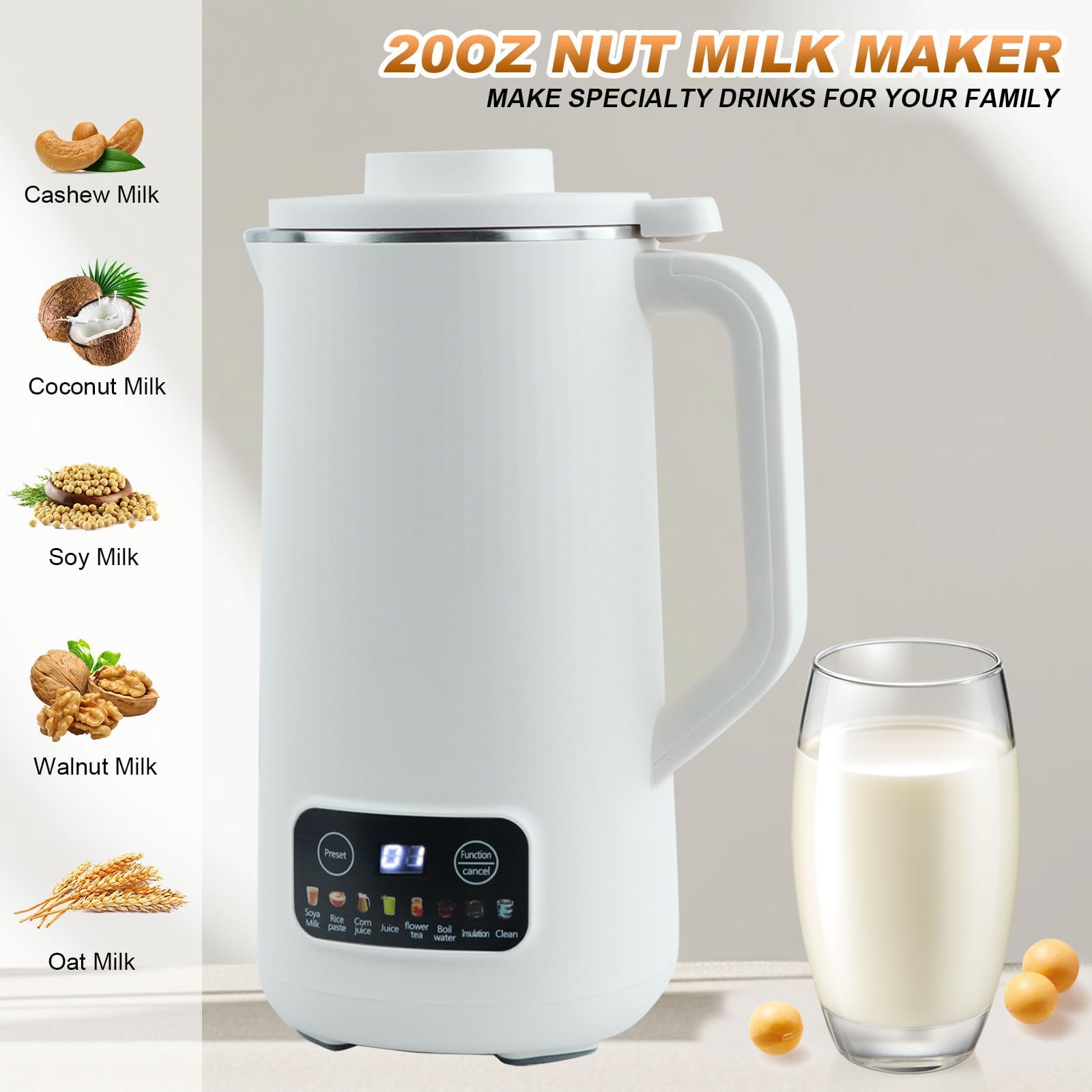 Yabound Nut Milk Maker, Automatic Soy Milk Maker, 20oz Nut Milk Maker Machine with Delay Start Keep Warm Self-Cleaning, Almond Milk Machin for Homemade Plant-Based Milk, Oat, Soy, Yogurt (White)