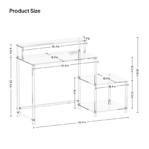 Eglaf Acrylic Desk with Printer Space - Home Office Desk Computer Desk with Power Outlet, Monitor Stand, for Study Working Writing Gaming, 44.5'' L x 18.9'' W x 35.8'' H, Clear