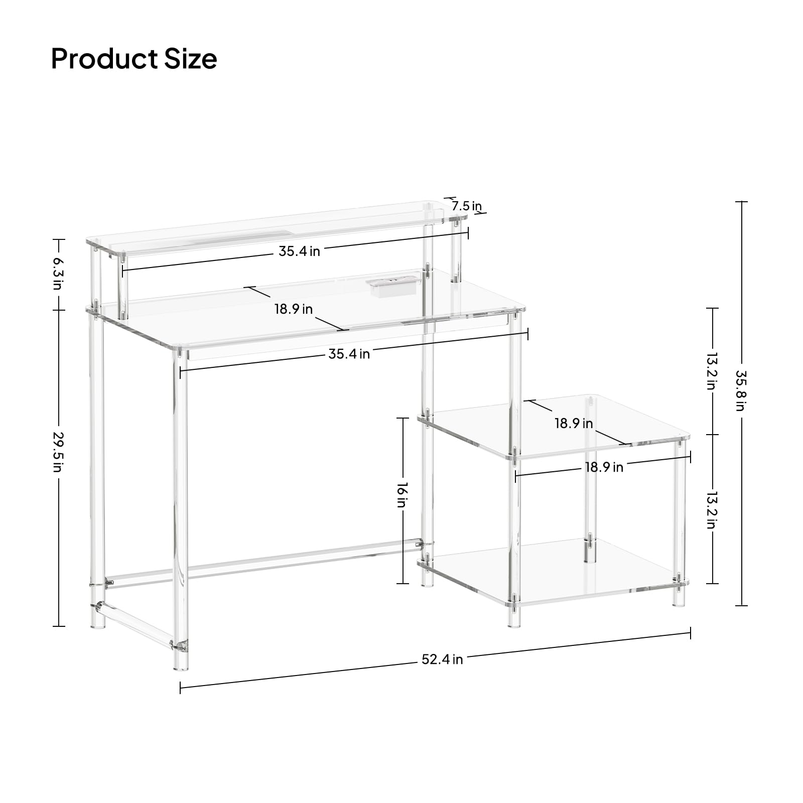 Eglaf Acrylic Desk with Printer Space - Home Office Desk Computer Desk with Power Outlet, Monitor Stand, for Study Working Writing Gaming, 44.5'' L x 18.9'' W x 35.8'' H, Clear