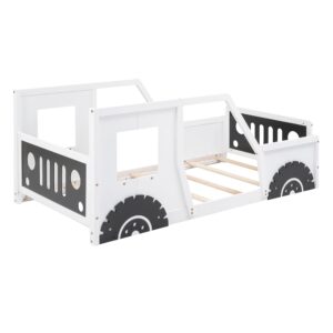 Jigichu Twin Size Classic Car-Shaped Platform Bed with Wheels for Boys Car Bed Frames for Kids 77.4''L*41.7''W*32''H (White, Twin)